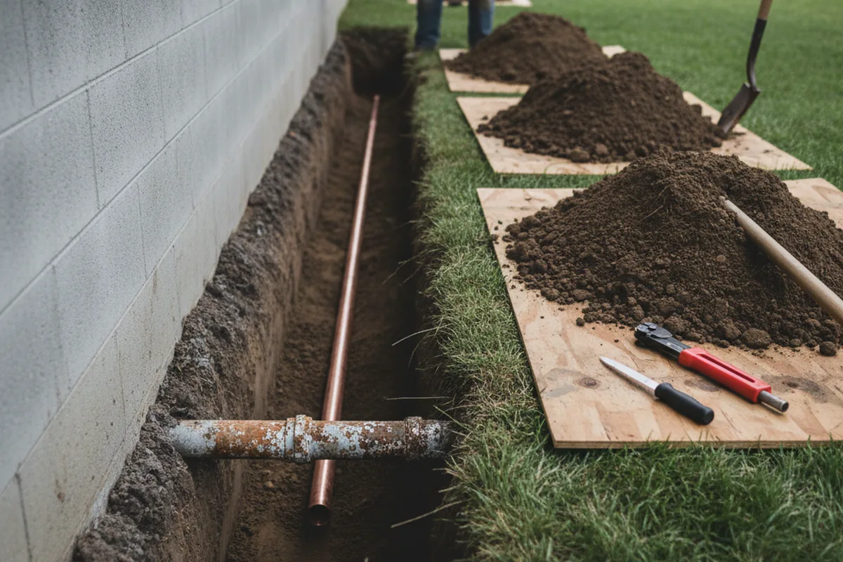 Excavated water line trench during Water Heater Repair in Flemingsburg
